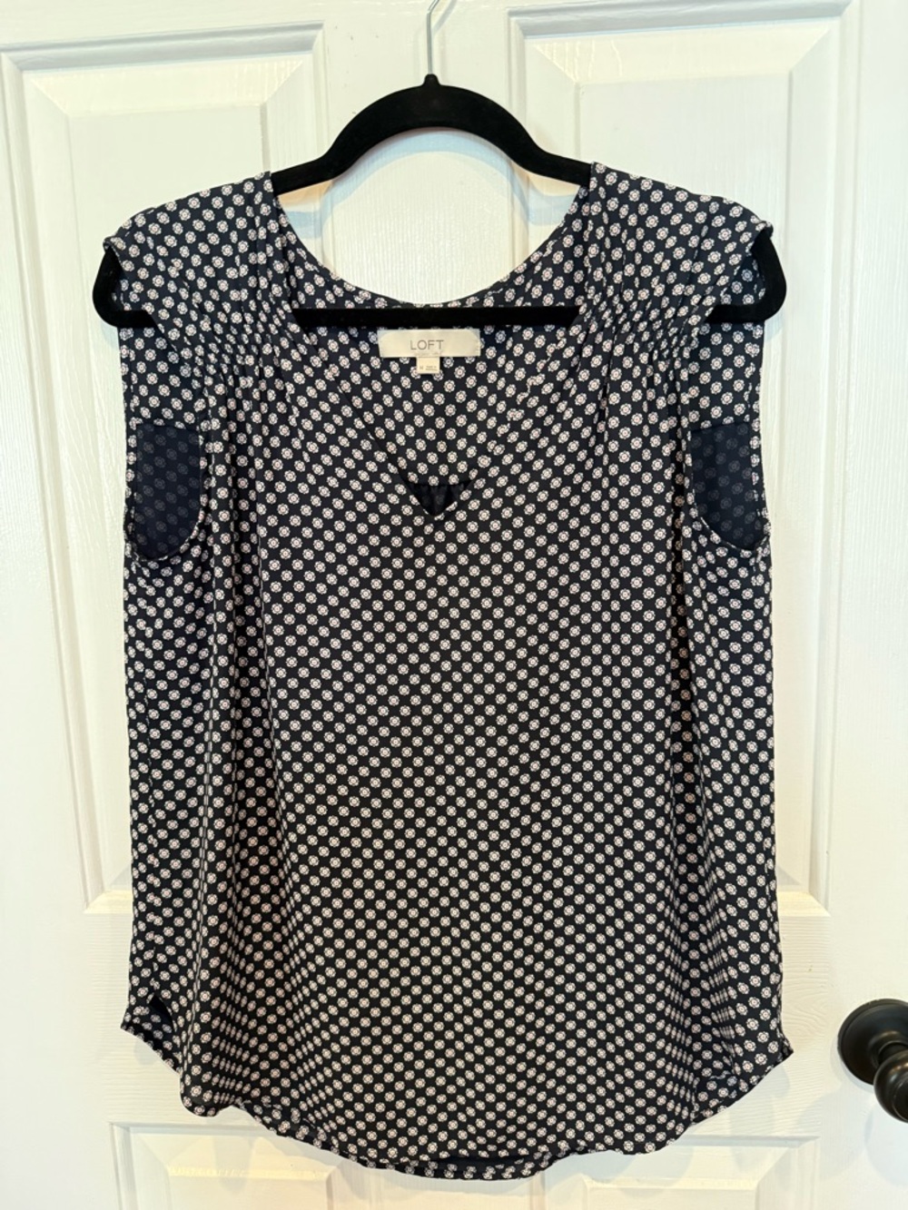 LOFT Navy and White Dot Gathered Shoulder Top